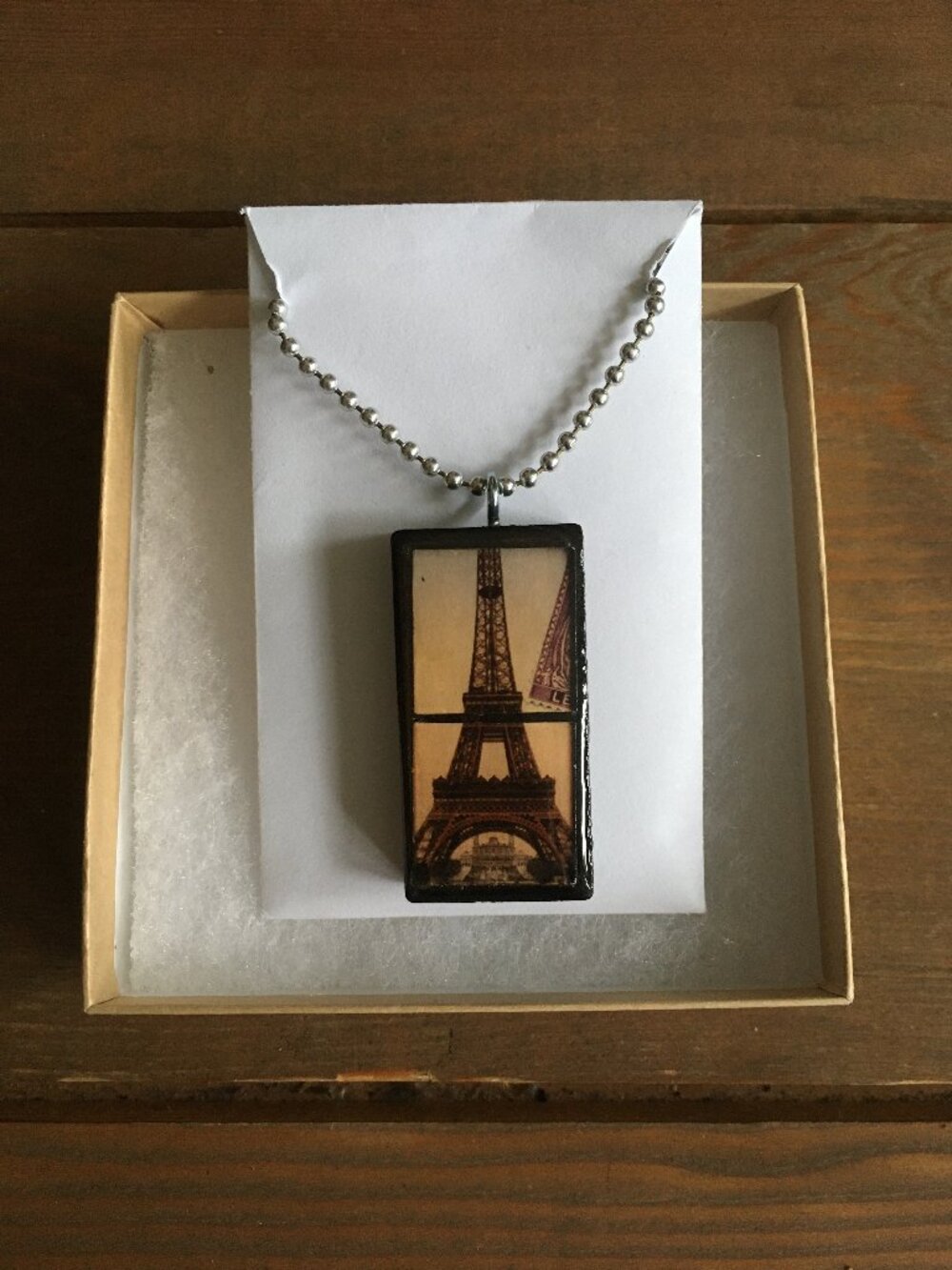 Eiffel Tower Necklace Vintage-style image handmade with Domino on chain Unique!